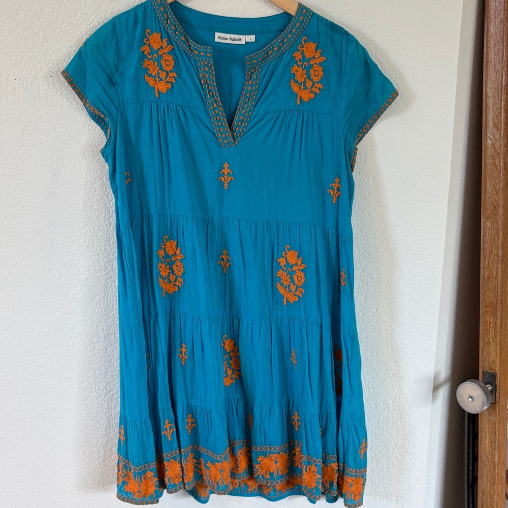 Roller Rabbit Teal Mini Dress with Orange Embroidery